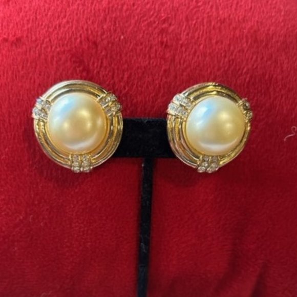 CINER - Large Pearl Rhinestone Statement VTG EARRINGS - Picture 7 of 12